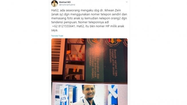 Penipuan mengatasnamakan anak Menkopolhukam Mahfud MD. (Twitter @mohmahfudmd)