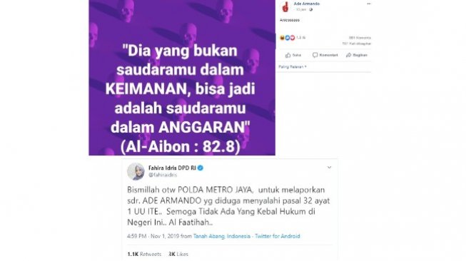 Ade Armando dilaporkan oleh Fahira Idris setelah singgung anggaran Aibon Rp 82 Miliar (Facebook Ade Armando dan Twitter @fahiraidris)