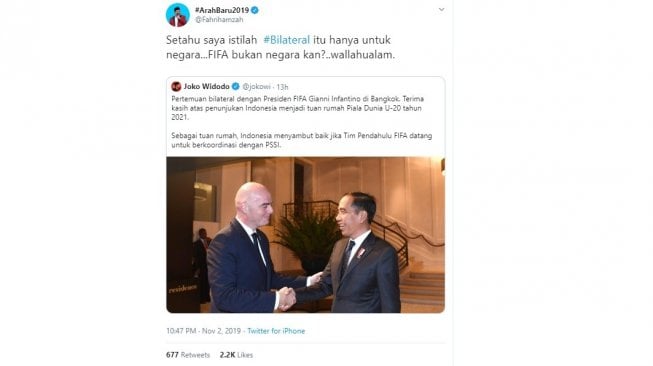 Presiden Jokowi bertemu Presiden FIFA, Fahri Hamzah pertanyakan istilah bilateral (twitter @Fahrihamzah)