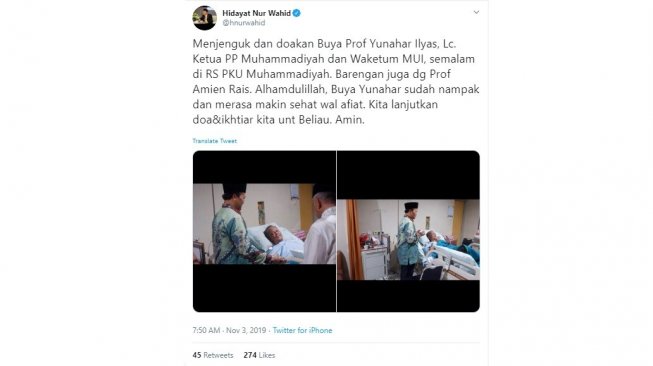 Sempat masuk IGD, ini kondisi terbaru Ketua PP Muhammadiyah Yunahar Ilyas (twitter @hnurwahid)