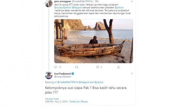 Respon mantan Menteri Kelautan dan Perikanan Susi Pudjiastuti disindir hanya tenggelamkan kapal (twitter @susipudjiastuti)