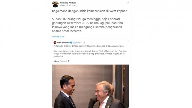 Veronica Koman tanggapi pertemuan Presiden Jokowi dan Sekjen PBB António Guterres. (twitter @VeronicaKoman)