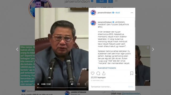 Ketua DPP Partai Demokrat Jansen Sitindaon mengingatkan landasan dan tujuan dibentuknya BPJS Kesehatan (instagram/@jansensitindaon)