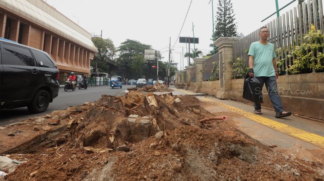 Pejalan kaki melintas di antara sisa-sisa pohon yang ditebang di trotoar di Jalan Cikini Raya, Jakarta Pusat, Senin (4/11). [Suara.com/Angga Budhiyanto]