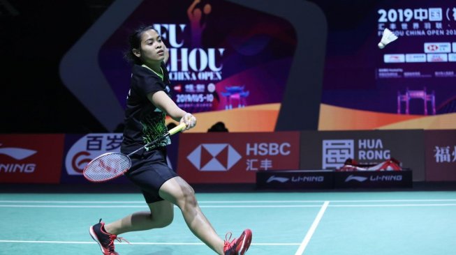 Pebulutangkis tunggal putri Indonesia, Gregoria Mariska Tunjung, melaju ke babak kedua Fuzhou China Open 2019 usai menaklukkan wakil AS, Zhang Beiwen, Selasa (5/11). [Humas PBSI]