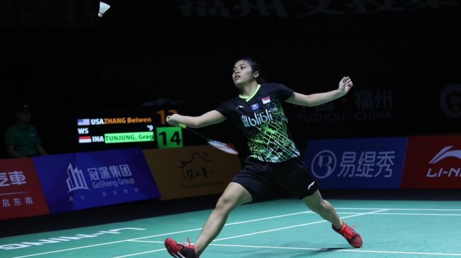 Pebulutangkis tunggal putri Indonesia, Gregoria Mariska Tunjung, melaju ke babak kedua Fuzhou China Open 2019 usai menaklukkan wakil AS, Zhang Beiwen, Selasa (5/11). [Humas PBSI]