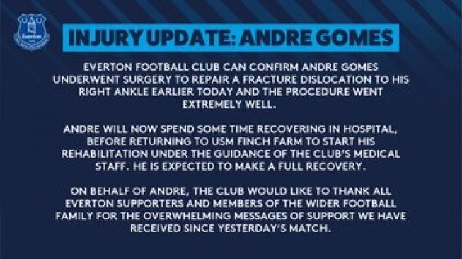 Everton mengumumkan kondisi terbaru Andre Gomes. (Twitter/@everton).