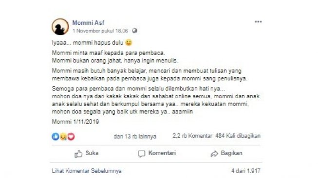 Permintaan maaf mommi asf (Facebook/Mommi Asf)