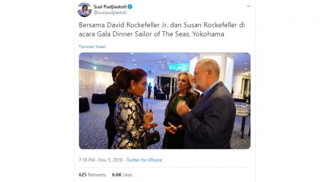 Susi Pudjiastuti dan David Rockefeller Jr., anggota keluarga Rockefeller, miliarder pertama Amerika. (twitter @susipudjiastuti)