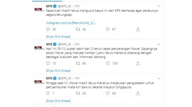 KPK menyayangkan Novel Baswedan yang terus-menerus diserang dengan tuduhan dan informasi bohong. (twitter @KPK_RI)