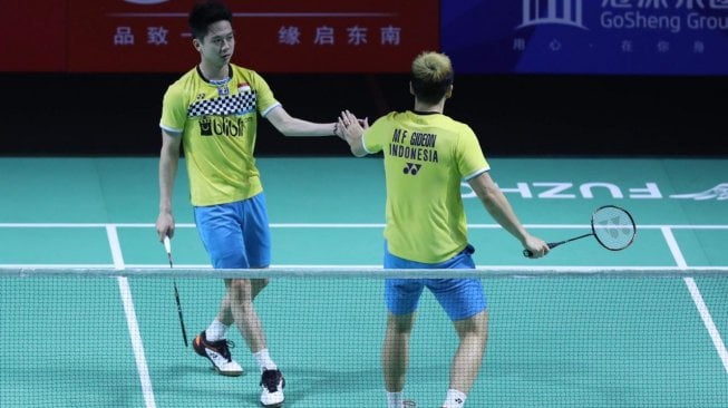 Pasangan ganda putra Indonesia, Kevin Sanjaya Sukamuljo/Marcus Fernaldi Gideon, melaju ke babak 8 Besar Fuzhou China Open 2019 usai menaklukkan wakil tuan rumah He Ji Ting/Tan Qiang, Kamis (7/11). [Humas PBSI]