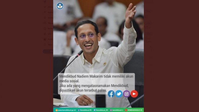 Postingan Kemendikbud membantah akun medsos Mendikbud Nadiem Makarim. [Twitter]