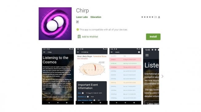 Aplikasi Chirp hasil buatan mahasiswa untuk memantau tabrakan lubang hitam. [Google Play Store]