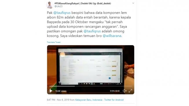 Dedek Prayudi buktikan data anggaran lem aibon yang diperoleh PSI (twitter @Uki23)