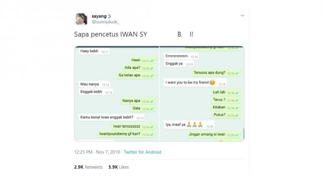 Tangkapan layar chat, modus menggunakan nama iwan. [Twitter]