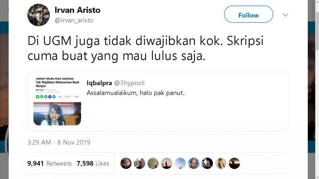 Cuitan kocak komentari kebijakan skripsi Rektor Risa Santoso - (Twitter/@irvan_aristo)