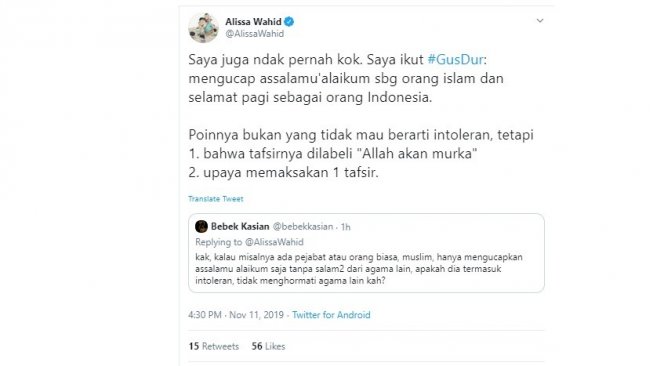 Pendapat Alissa Wahid soal pejabat muslim hanya ucap salam secara Islam (Twitter @AlissaWahid)