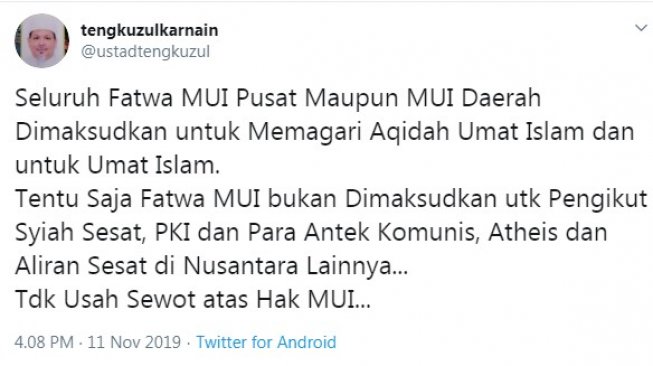 Cuitan Tengku Zul Soal Salam Semua Agama (twitter)