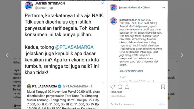 Politikus Partai Demokrat Jansen Sitindaon mengkritik kenaikan tarif Tol (instagram/@jansensitindaon)