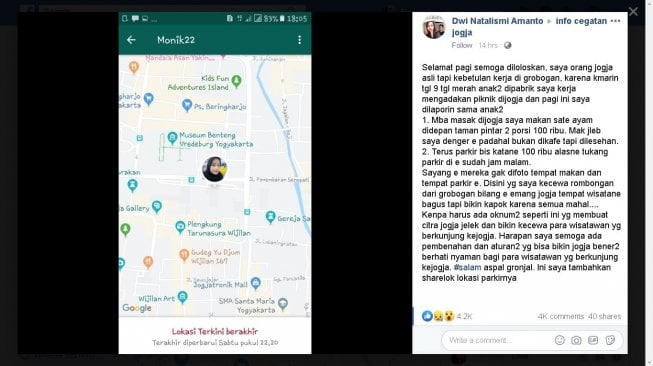 Wisatawan Jogja kaget harga sate ayam 2 porsi Rp100 ribu - (Facebook/Dwi Natalismi Amanto)