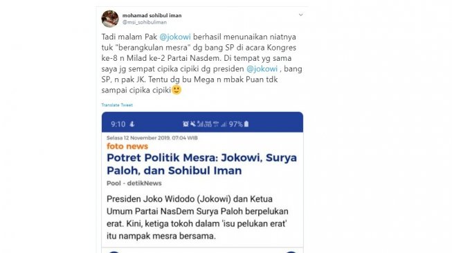 Respon Presiden PKS Sohibul Iman tentang keakraban Surya Paloh dan Jokowi (twitter @msi_sohibuliman)