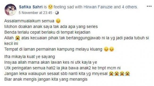 Dahi anak terkoyak akibat terpentok besi di taman bermain. (Facebook via Mstar)