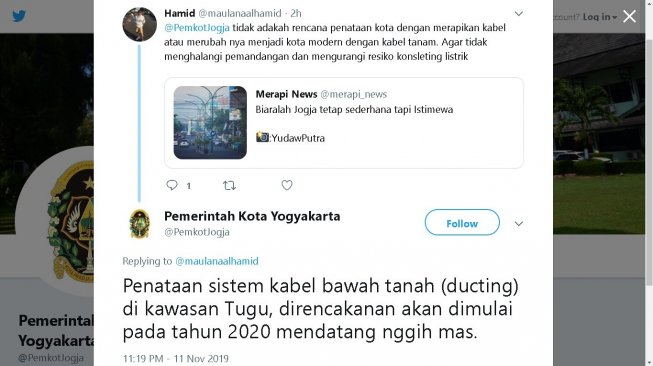 Jawaban Pemkot Jogja soal kabel semrawut - (Twitter/@PemkotJogja)