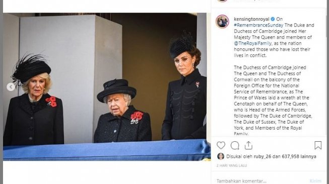 Kate Middleton dalam Remebrance Day 2019. (Instagram/@kensingtonroyal)