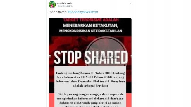 Jangan sebar foto pelaku bom bunuh diri Medan bisa kena UU ITE (twitter @rosalishaazrin)