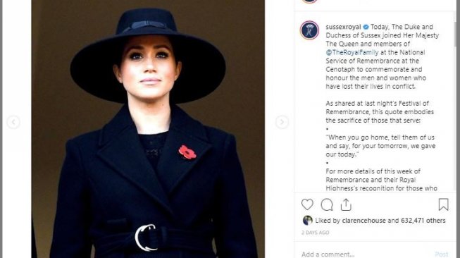 Meghan Markle saat hadiri Remebrance Day. (Instagram/@sussexroyal)