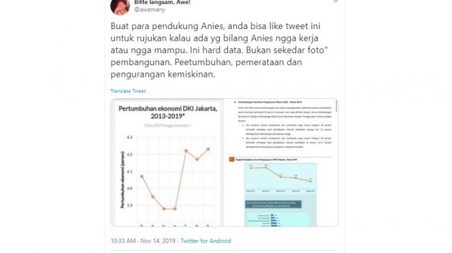 Cuitan tentang data kemiskiann DKI Jakarta turun (twitter @awemany)