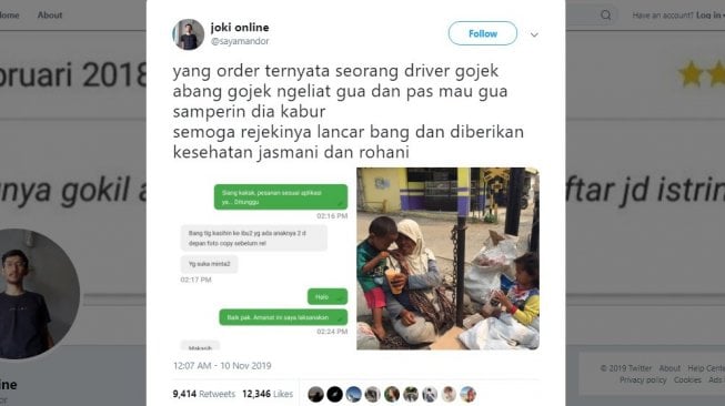 Kisah driver ojol menerima orderan dari sesama driver ojol. [Twitter]