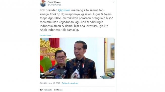 Tanggapan Christ Wamea soal Ahok jadi bos di BUMN (twitter/@ChristWamea)