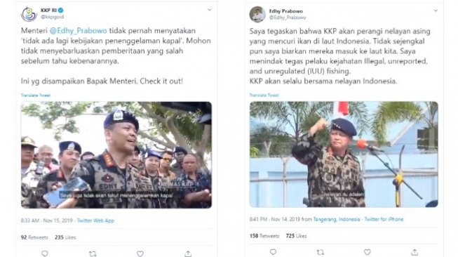 Menteri Kelautan dan Perikanan Edhy Prabowo menepis kabar tak lagi menenggelamkan kapal (twitter/@kkpgoid dan @Edhy_Prabowo)