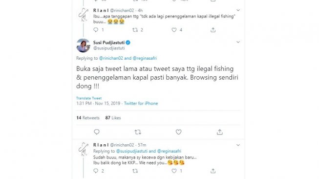 Susi Pudjiastuti tanggapi kabar tidak ada penggelaman kapal (Twitter/@susipudjiastuti)