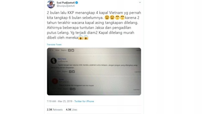 Kicauan lama Susi Pudjiastuti ungkap kongkalikong lelang kapal (Twitter/@susipudjiastuti)