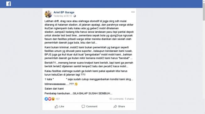 Pemilik hobi otomotif protes tak punya tempat latihan - (Facebook/Ariel EP Garage)