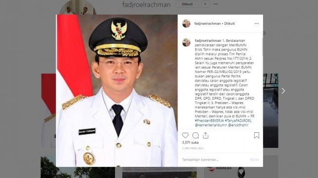 Jubir Presiden Fadjroel Rachman unggah foto Ahok dan menjelaskan peraturan pengurus BUMN (instagram/@fadjroelrachman)