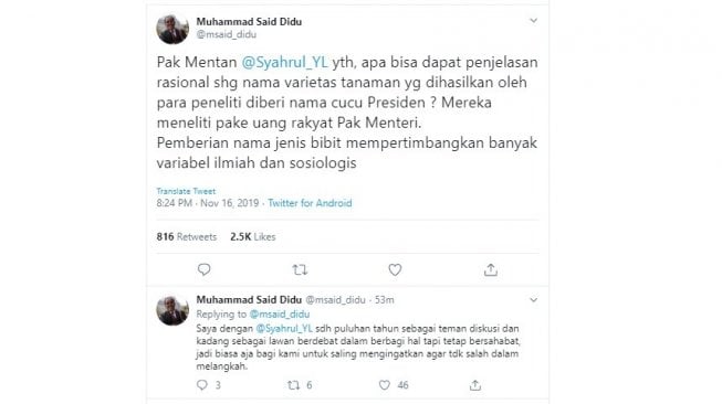 Said Didu mengomentari penamaan varietas anggur Jan Ethes SP1 (twitter/@msaid_didu)