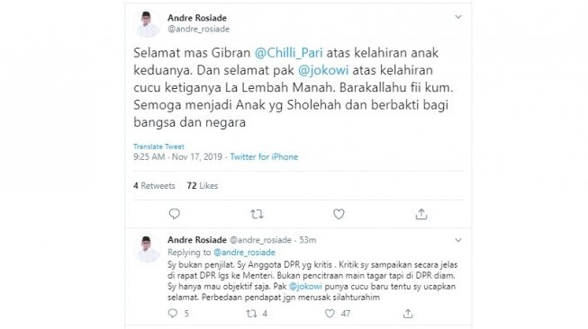 Andre Rosiade memberikan selamat atas lahirnya cucu ketiga Jokowi (twitter/@andre_rosiade)