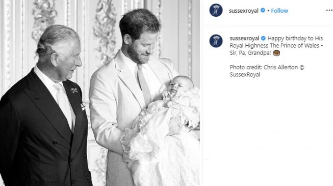 Pangeran Charles, Pangeran Harry, dan bayi Archie. (Instagram/@sussexroyal)