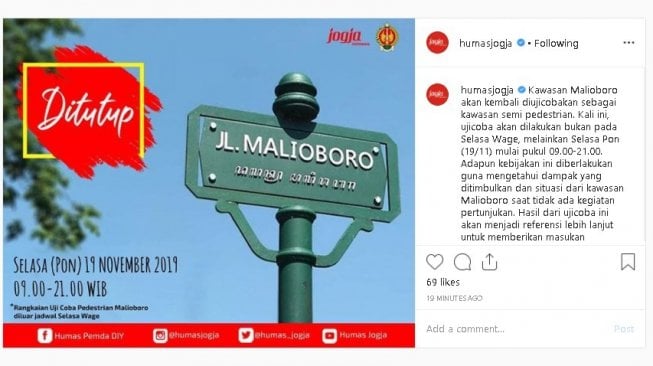 Malioboro ditutup untuk kendaraan bermotor - (Instagram/@humasjogja)