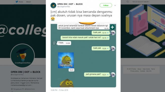 Tangkapan layar chat dosen ke mahasiswanya. [Twitter]