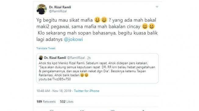 Rizal Ramli tidak yakin dengan kinerja Ahok jika jadi diangkat menjadi pimpinan di BUMN (twitter @RamliRizal)