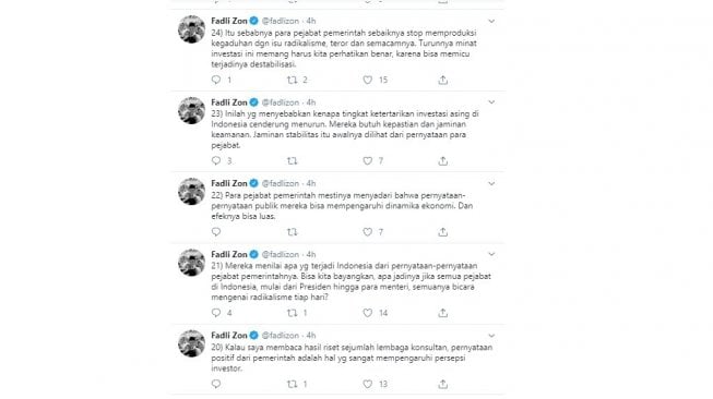 Fadli Zon minta pemerintah berhenti mengeksploitasi isu radikalisme (twitter @fadlizon)