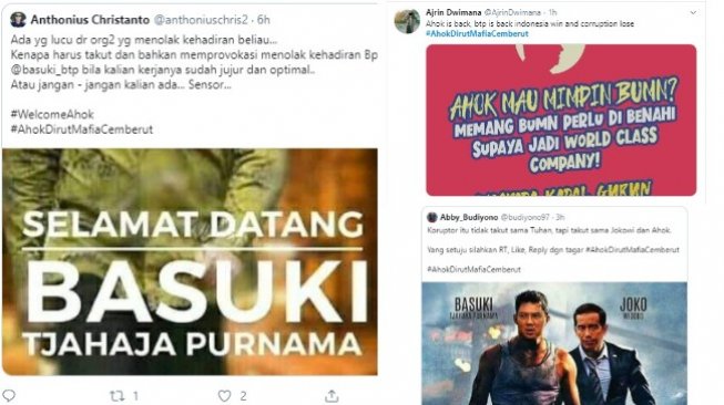 Warganet dukung Ahok jadi bos BUMN buat meme dengan tagar #AhokDirutMafiaCemberut (twitter @anthoniuschris2, @AjrinDwimana, @budiyono97)