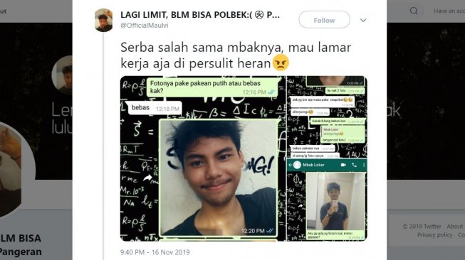 Tangkapan layar chat antara HRD dengan pelamar kerja. [Twitter]