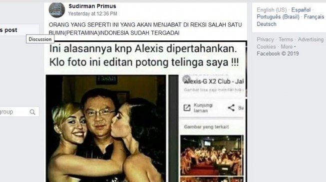 Foto pria mirip Ahok dipeluk dua wanita diunggah di Facebook. (Bidik layar Facebook)