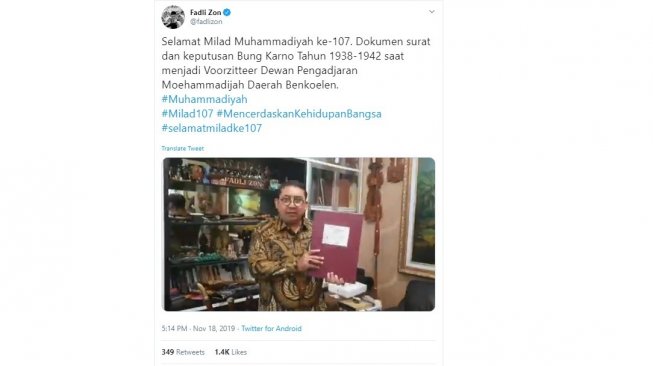 Fadli Zon mengungkap jabatan Soekarno di Muhammadiyah (twitter/@fadlizon)