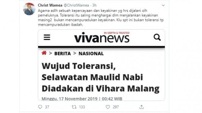 Christ Wamea Komentari Acara Maulid Nabi di Vihara Malang (twitter @ChristWamea)